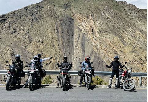 Group of Royal Enfield riders posing for a photo near Jomsom, Mustang Duration: 10–12 days